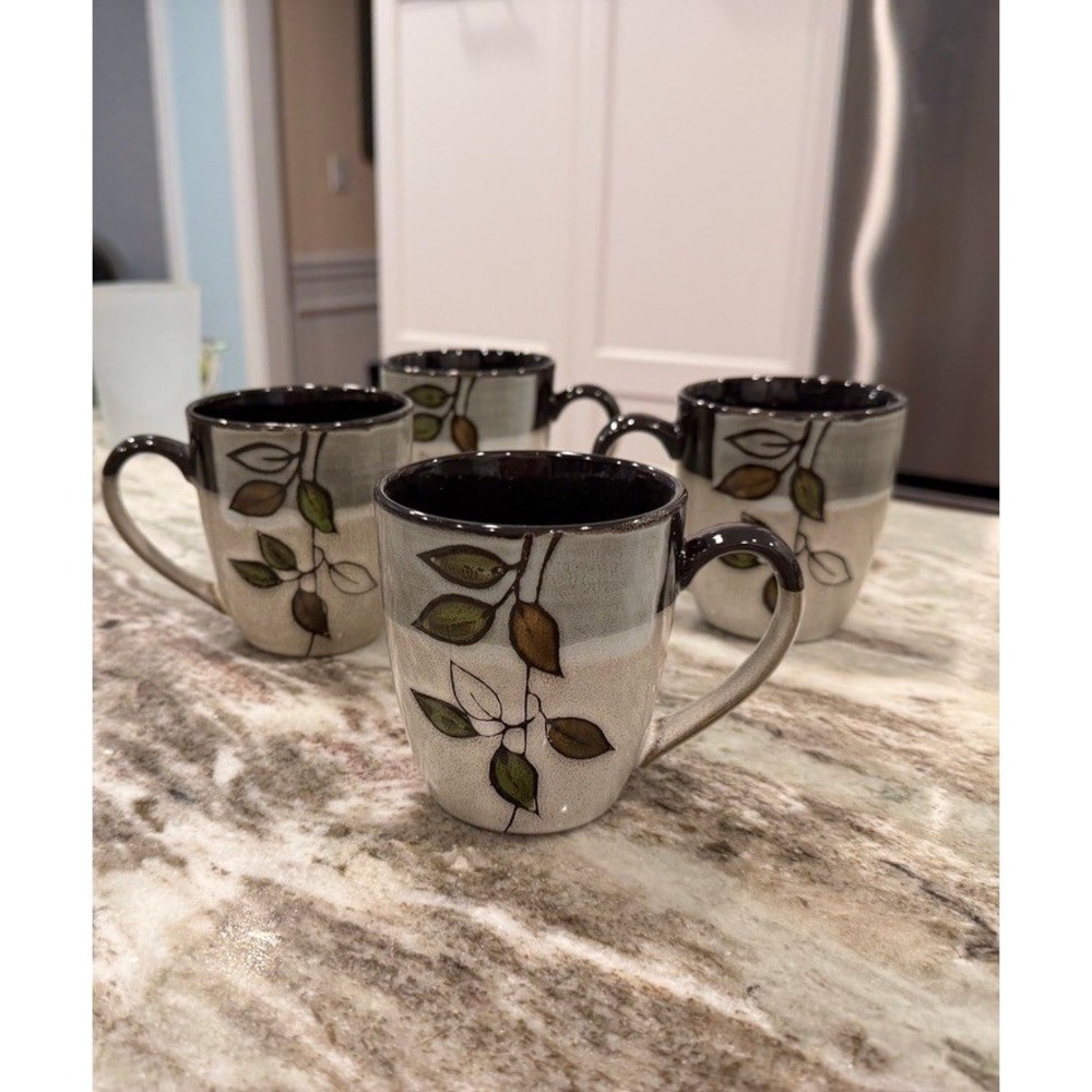 Pfaltzgraff Rustic Leaves Coffee Mugs Set of 4 Grey Cream Stoneware Cups